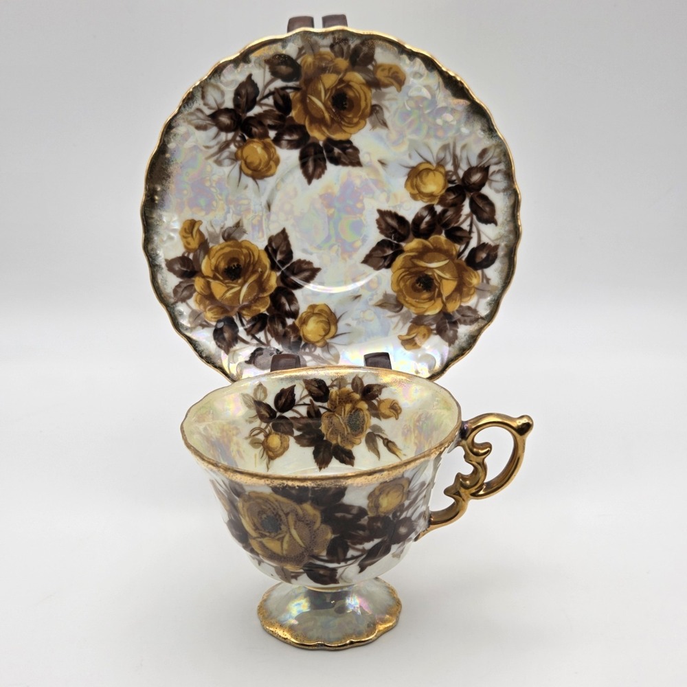 Vintage Royal Sealy Iridescent Luster Glaze Yellow Rose Teacup And Saucer